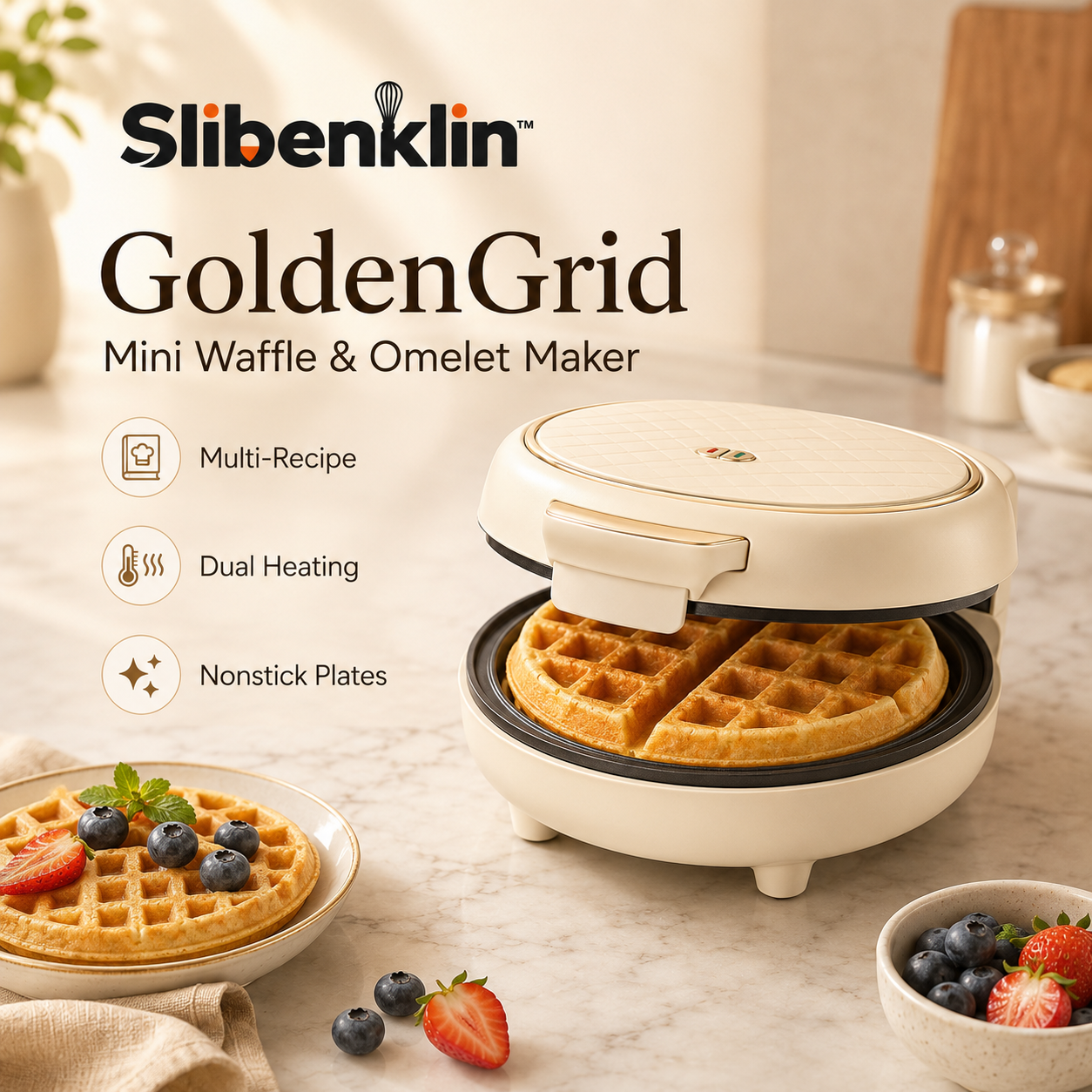 Slibenklin™ GoldenGrid Mini Waffle & Omelet Maker – Compact Nonstick Breakfast Cooker & Snack Press