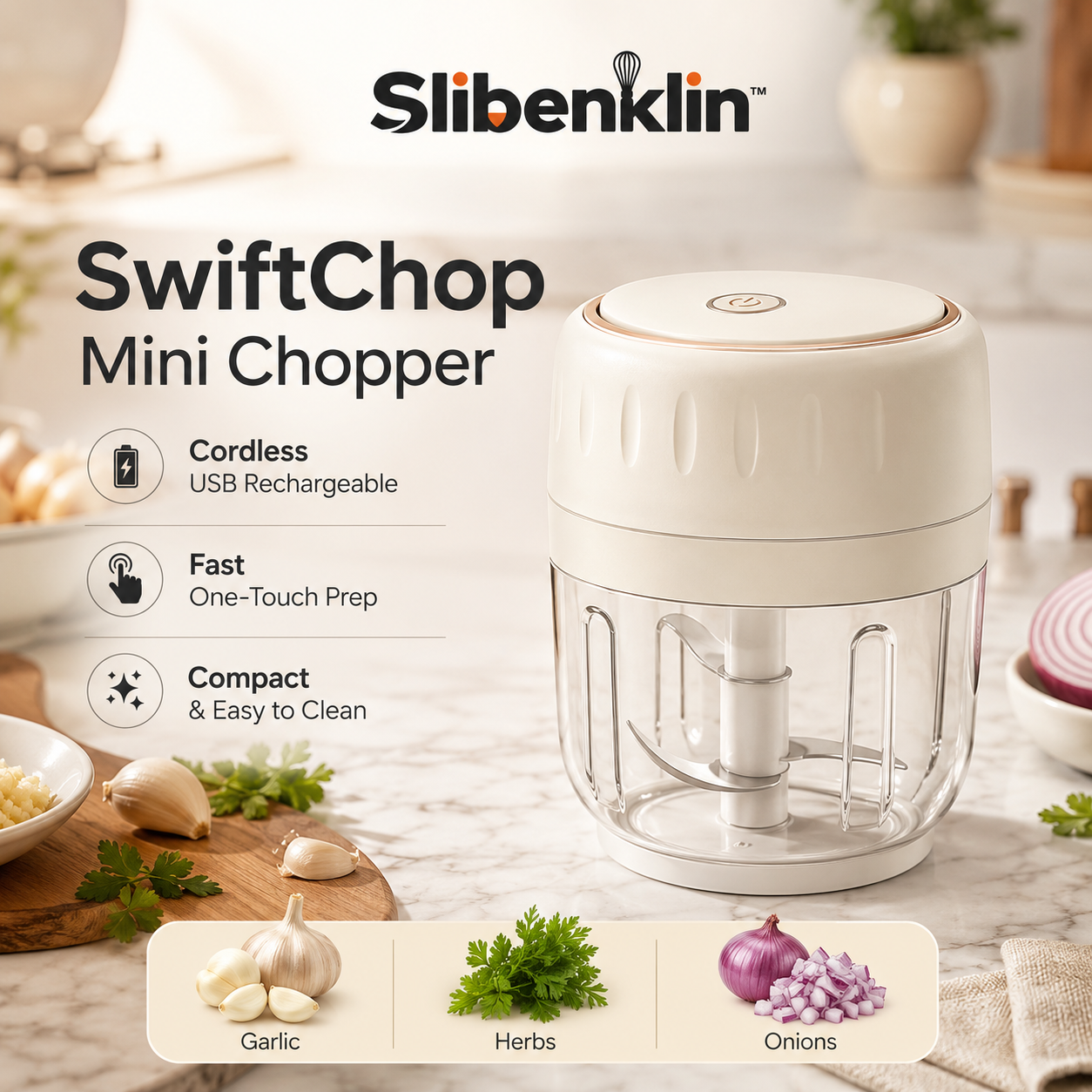 Slibenklin™ SwiftChop Cordless Mini Food Chopper – USB Rechargeable Garlic Chopper & Portable Vegetable Processor