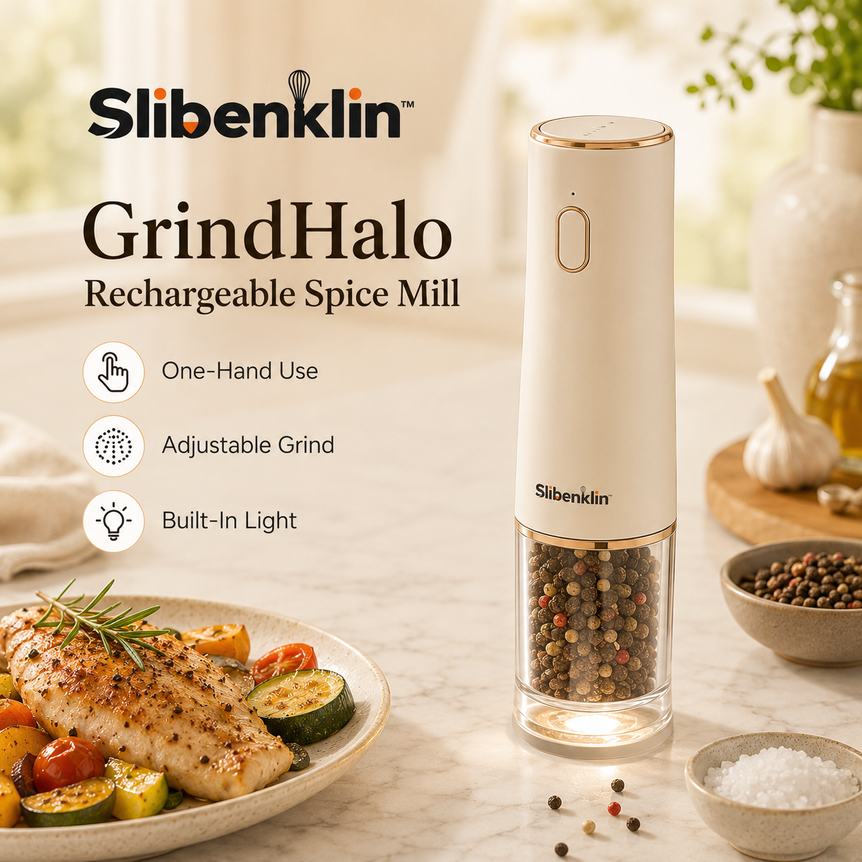 Slibenklin™ GrindHalo Rechargeable Spice Mill – Automatic Salt & Pepper Grinder with Adjustable Coarseness