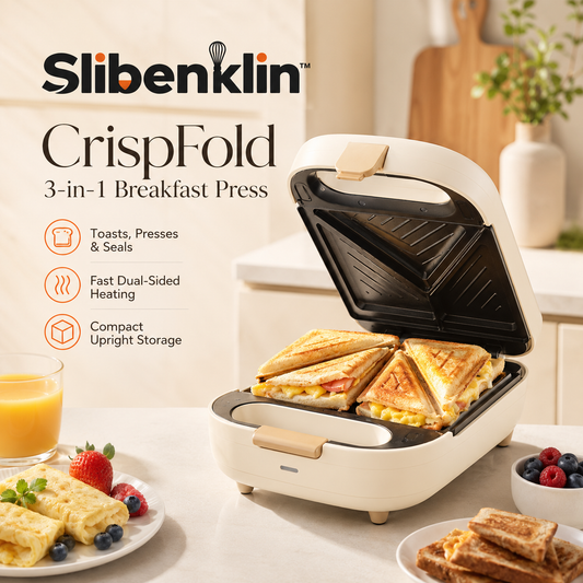 Slibenklin™ CrispFold 3-in-1 Breakfast Press – Compact Sandwich Maker, Panini Grill & Stuffed Toast Pocket Machine