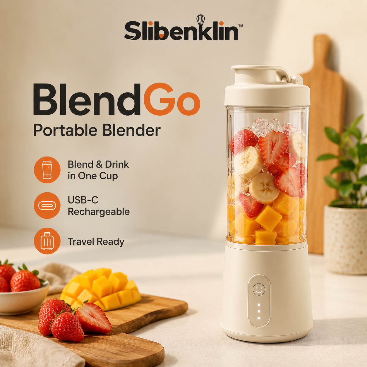 Slibenklin™ BlendGo Personal Portable Blender – USB-C Rechargeable Smoothie Maker, Travel Juice Cup & Mini Shake Blender