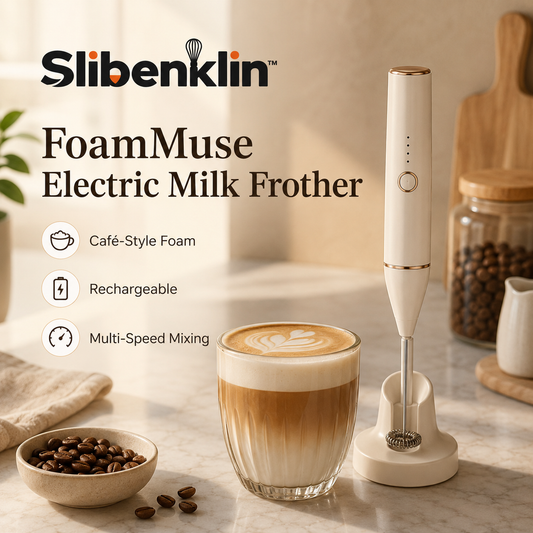 Slibenklin™ FoamMuse Electric Milk Frother – Rechargeable Handheld Coffee Frother, Matcha Whisk & Drink Mixer