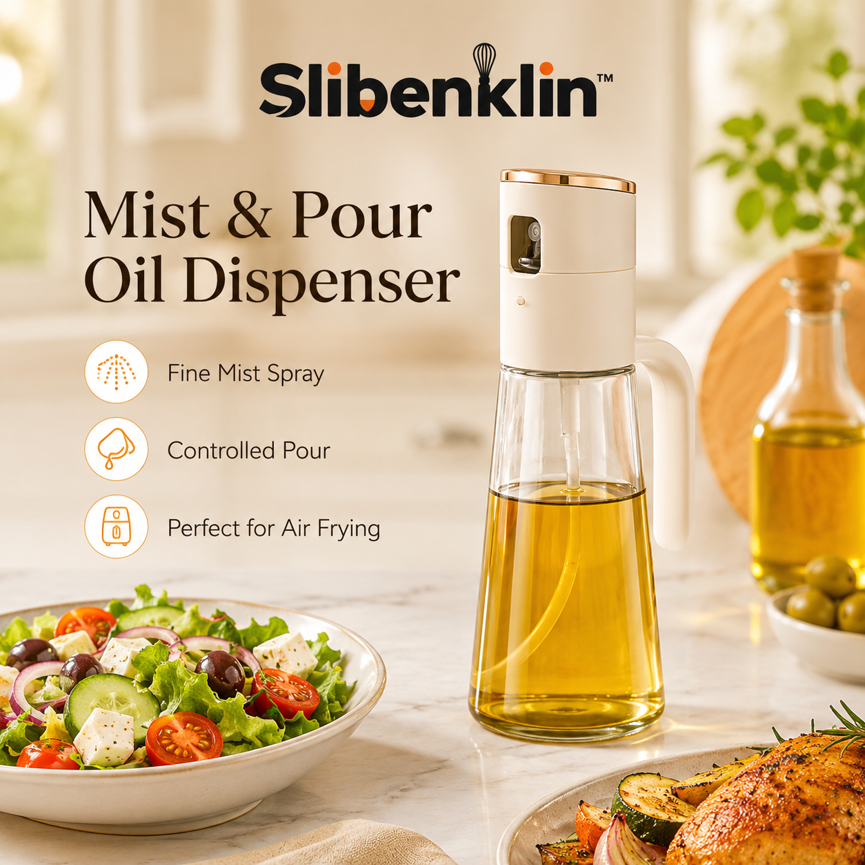 Slibenklin™ Mist & Pour Dual-Mode Oil Dispenser – Glass Olive Oil Sprayer, Cooking Oil Bottle & Portion-Control Tool