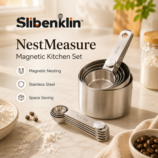 Slibenklin™ NestMeasure Magnetic Kitchen Set – Stainless Steel Measuring Cups & Spoons for Baking and Cooking